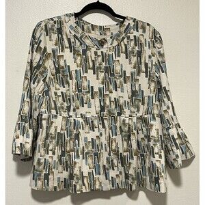 J Jill Blazer Size Large Peplum Waist Pleated Geo Print Ivory Multi Pockets EUC